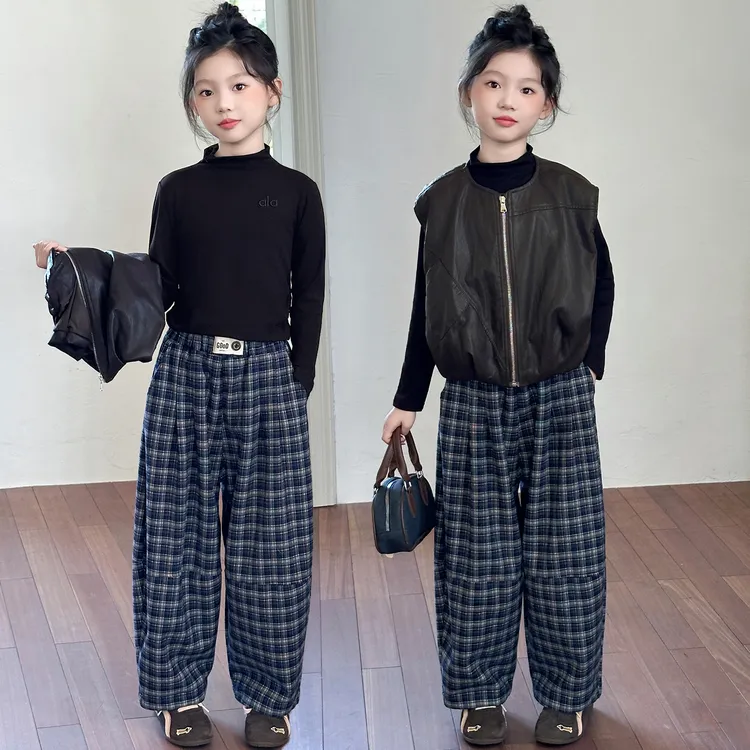 女童套装春秋2025新款儿童皮马甲格子裤三件套洋气时髦女大童秋季