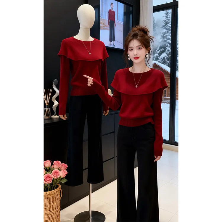 安可拉红色高级感软糯打底针织衫2026年春季新款新年短款上衣女装