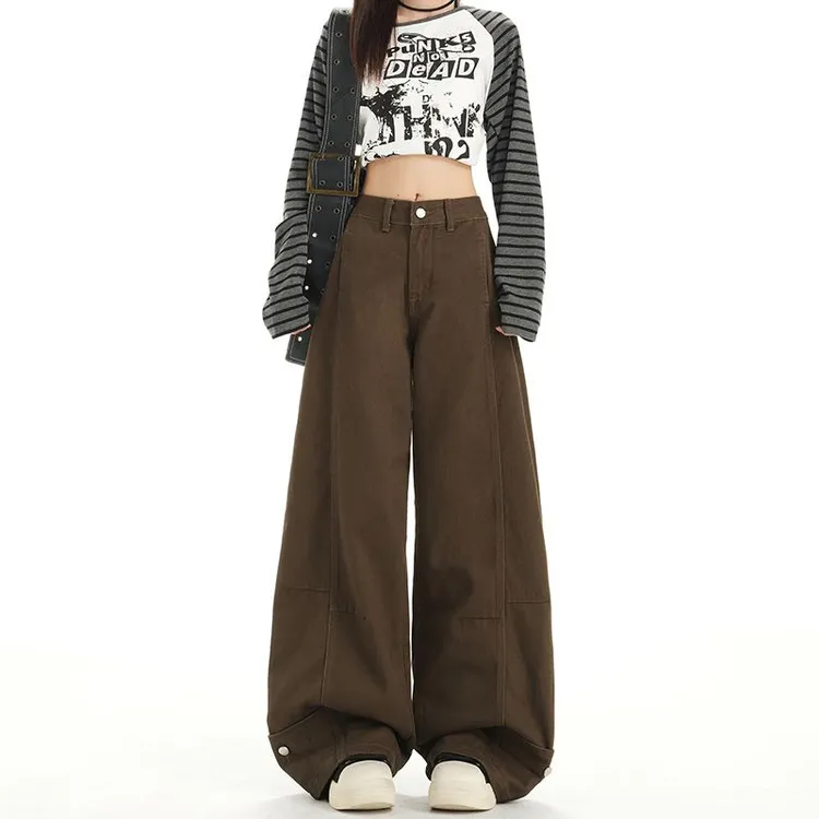 摩卡棕色美式无弹高腰ins风牛仔裤女秋新款慵懒时髦宽松拖地裤子