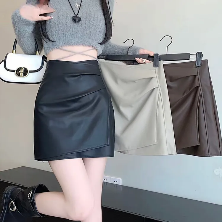 秋季新款韩版褶皱柔软PU皮不规则高腰显瘦A字包臀半身裙女