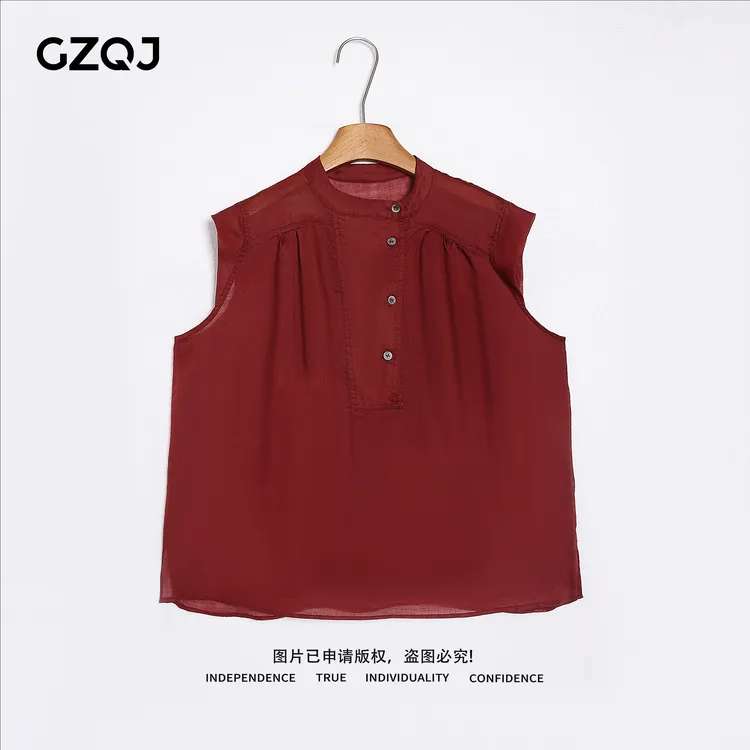 老琴私服 【巴黎序曲】100苎麻欧若风高品质半纽扣无袖衬衫女 35824