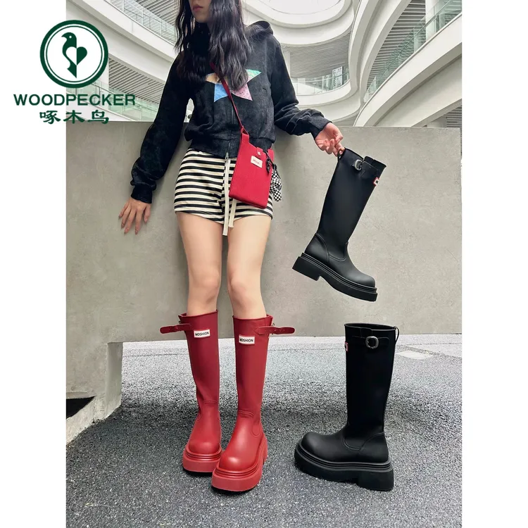 啄木鸟厚底防滑高筒红色雨靴2025户外露营雨鞋不过膝长筒靴骑士靴