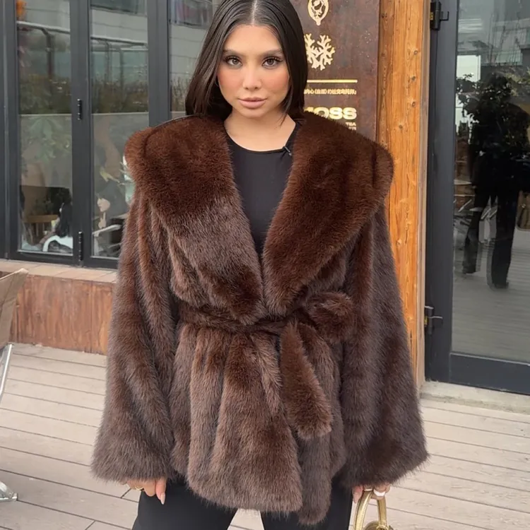 ZUELL当天发货.咖啡色连帽女中长款外套75cm