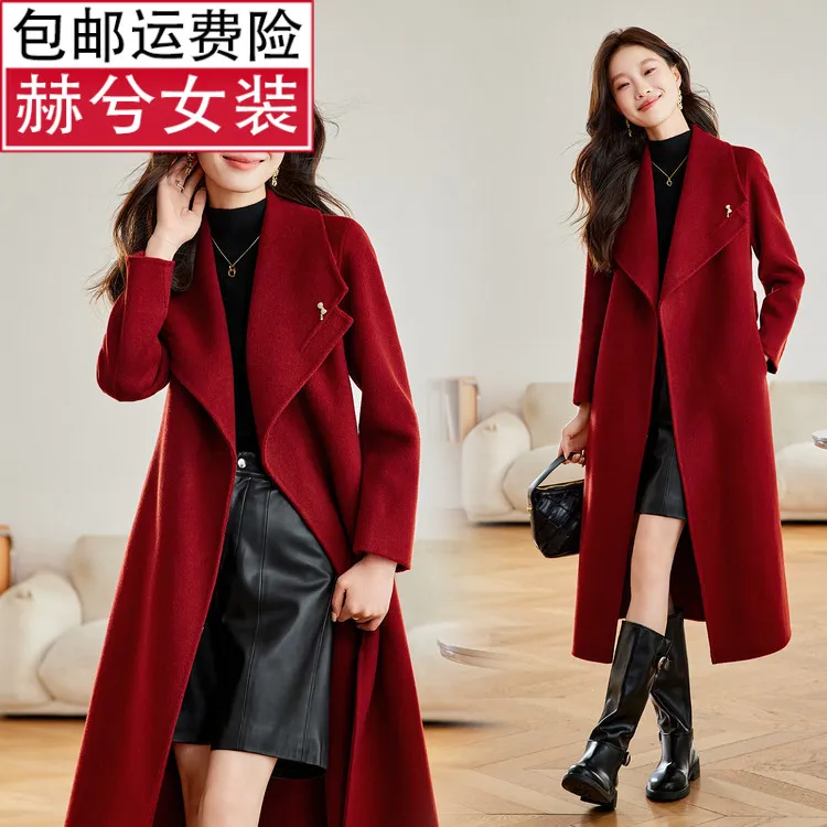 修身时尚加厚红色洋气双面呢羊毛大衣毛呢外套显瘦气质小个子中长