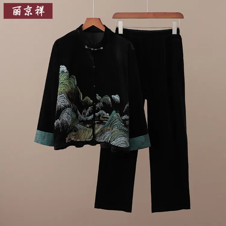 气质妈妈时尚减龄金丝绒刺绣外套裤子套装春秋奶奶衣服两件套