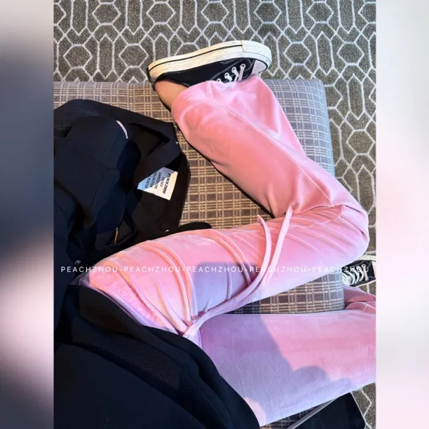 『PEACHZHOU』美式微喇绒感修身提臀弹力高腰休闲裤松紧腰运动长裤