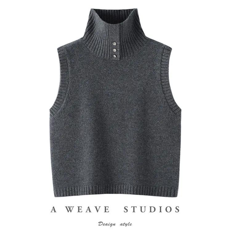 2025新款叠穿半开立领100%纯羊毛马甲背心女翻领无袖羊绒针织马夹