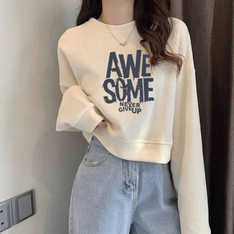 圆领套头短款卫衣女加绒加厚秋冬上衣卫衣宽松百搭小个子春秋薄款