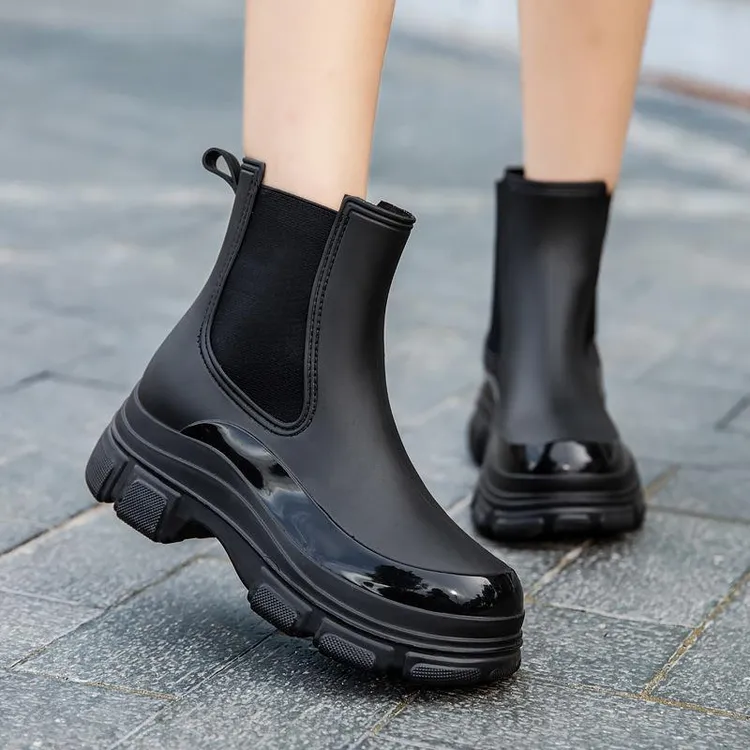 欧美高档雨靴女士新款雨鞋时尚水靴外穿短筒防水厚底马丁水鞋