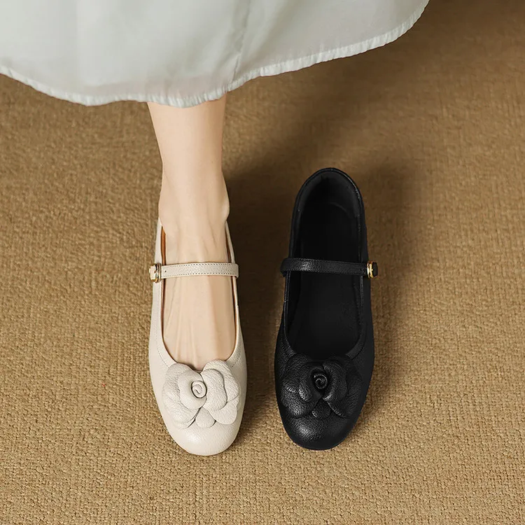 小羊皮一字形平底玛丽珍鞋女秋冬真皮浅口豆豆鞋百搭通勤单鞋女