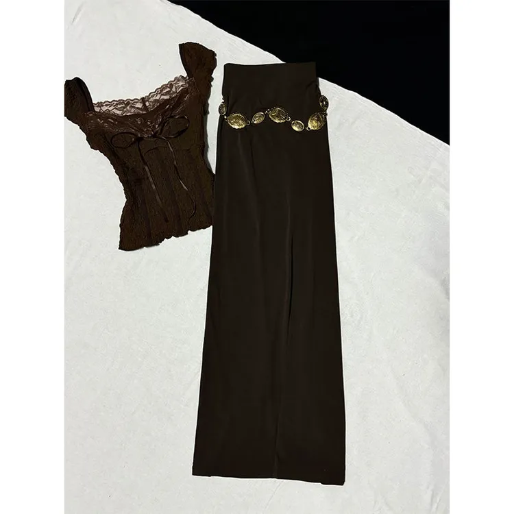 纯欲风穿搭套装女2025春季修身蕾丝短袖恤上衣高腰半身裙两件套