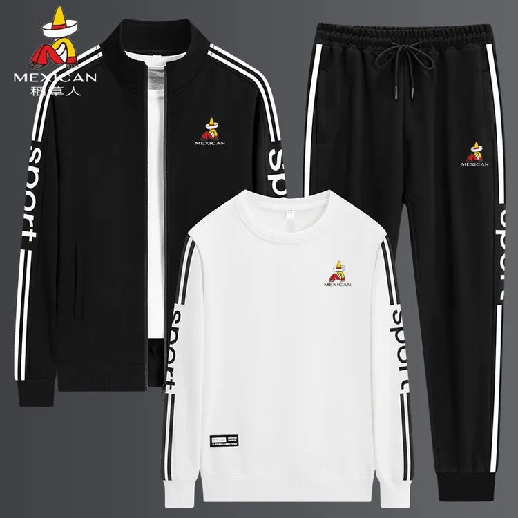 稻草人运动套装男士外套春秋款休闲大码冬季加绒运动服男三件套