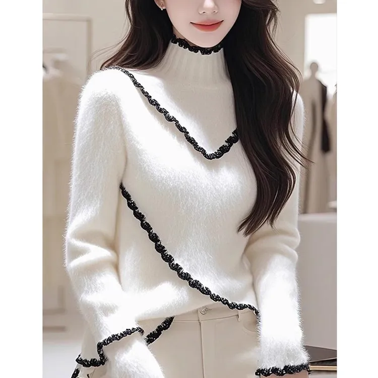 时尚精致优雅白色高领长袖毛衣针织衫女秋冬款休闲慵懒风软糯小衫