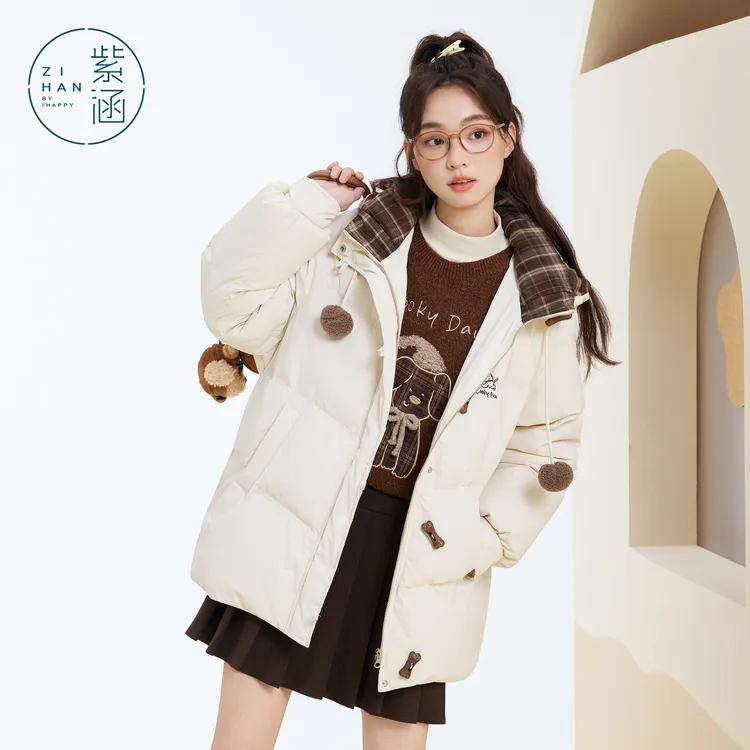 紫涵一手长撞色连帽羽绒服25年冬季新款小狗刺绣暖鸭绒Z5Z11AS317