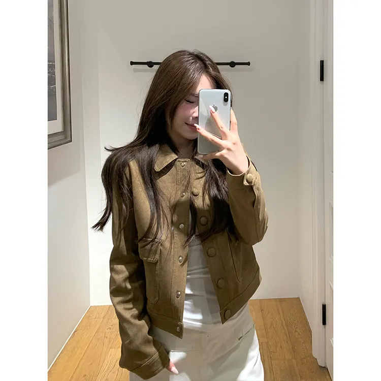 秋日曼哈顿 美式复古卡其色短外套女秋季新款设计感麂皮夹克上衣