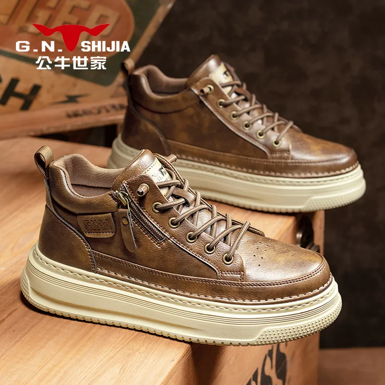 公牛世家冬季高帮男士休闲鞋厚底增高英伦鞋子男时尚中帮百搭男鞋