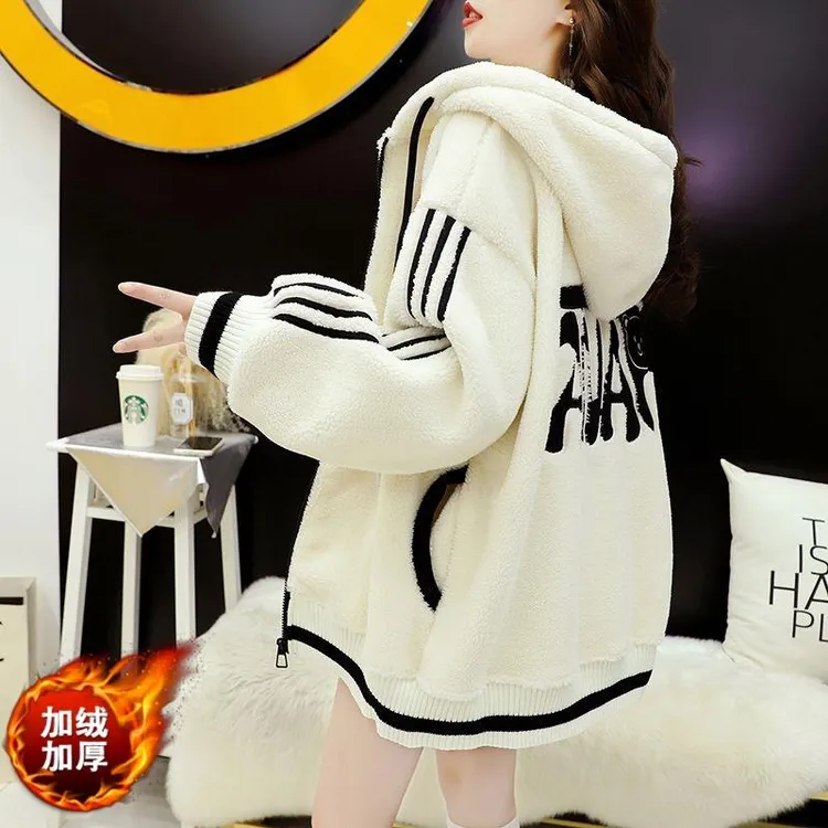 加绒加厚羊羔毛外套女秋冬2025新款初高中学生宽松小个子开衫上衣