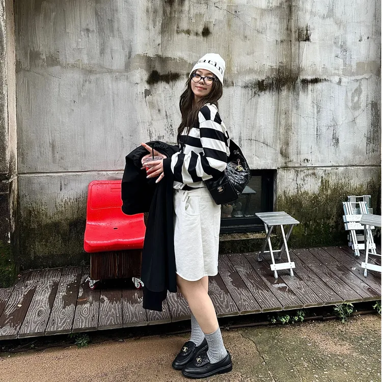 晶咕软软【奥利奥连衣裙】休闲韩版时尚收腰条纹拼接毛边牛仔连衣裙