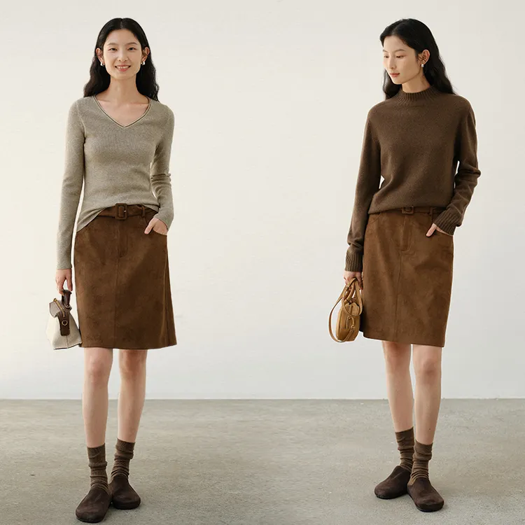 素典【晕染霞光】复古仿麂皮半身裙女秋冬高腰显瘦a字直筒短裙4940