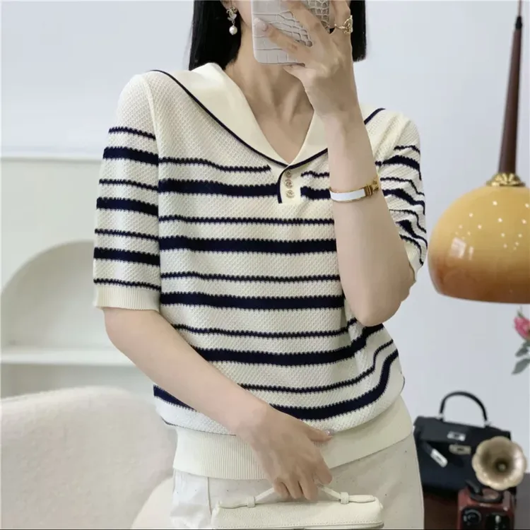 宽松显瘦【80-160斤】冰丝短袖女海军领高级百搭2025夏上衣女019