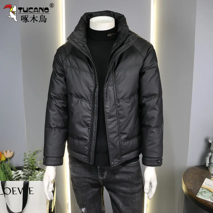 啄木鳥皮面羽绒服男冬季新款潮流休闲短款暗纹保暖皮衣羽绒衣外套