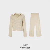 GUIDI GUDI【浪漫海岸】休闲百搭条纹运动风两件套套装/黄加蓝 