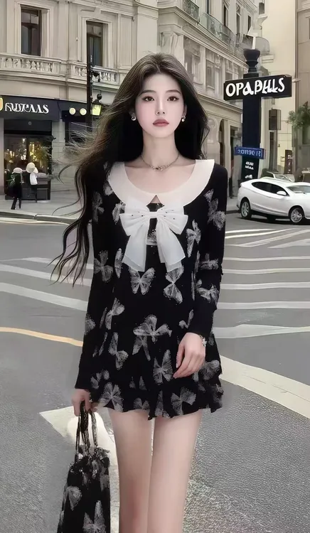 新款时尚休闲轻熟风黑色长袖高腰圆领蝴蝶连衣裙女显瘦小众短裙
