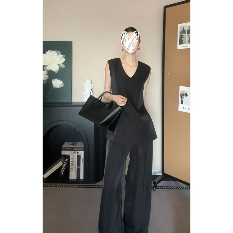 2025年法式夏季薄款套装无袖背心上衣+阔腿长裤气质高级感两件套