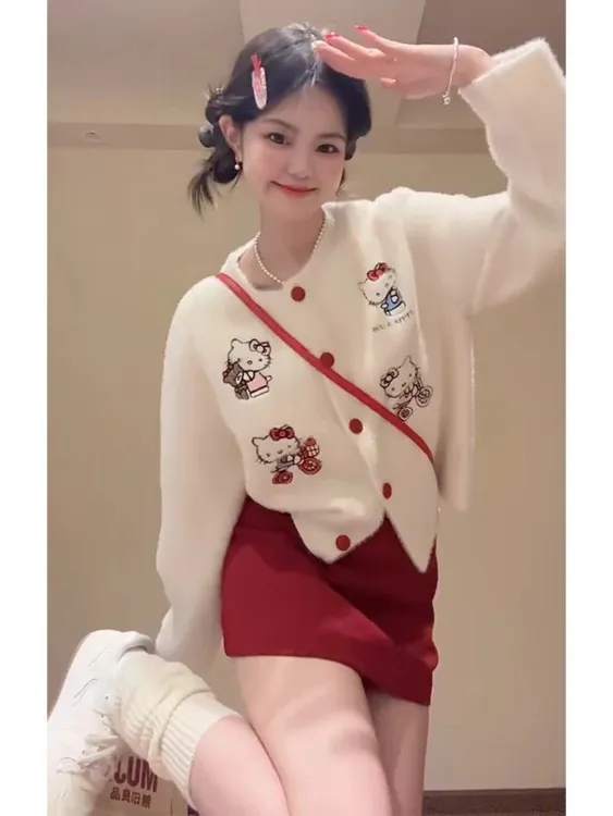 韩系卡通图案刺绣开衫女秋冬新款甜美软糯减龄百搭外套+短裙套装