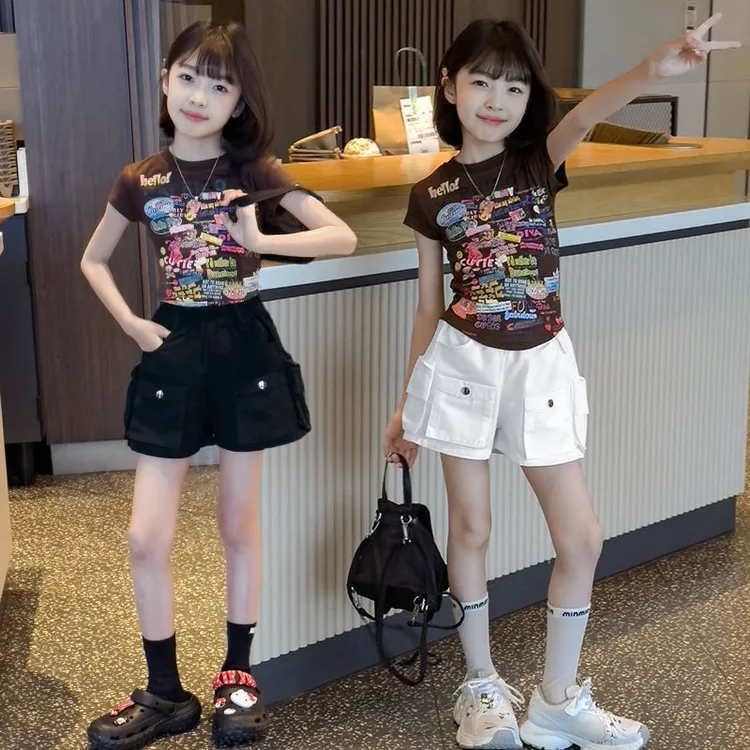 女童美式印花短袖T恤套装夏季酷飒小女孩个性口袋工装短裤两件套