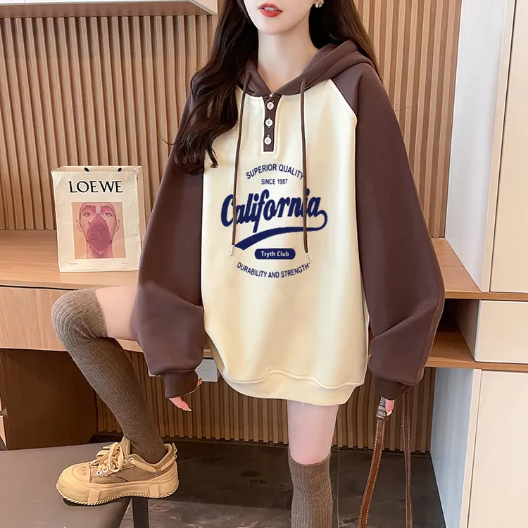 慵懒风撞色连帽卫衣女2025秋冬新款女大童设计感宽松显瘦上衣外套