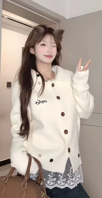 慵懒风蓝色翻领毛衣外套女2025秋冬新款宽松显瘦针织开衫长袖上衣