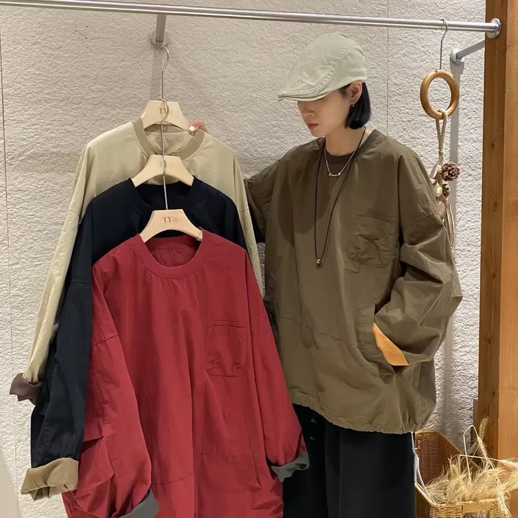 TY57618秋季长袖圆领套头洗水拼接休闲大码纯棉大T