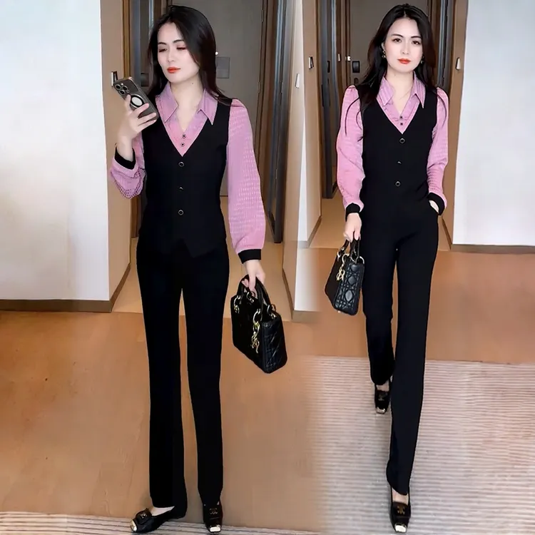 时尚套装女2025秋季新款气质显瘦假两件长袖拼接衬衣微喇裤两件套