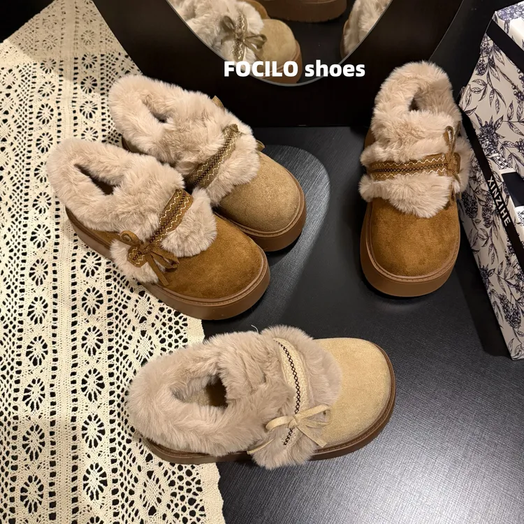 2025复古蝴蝶结刺绣加绒厚底外增高时尚女款冬季外穿保暖勃肯棉鞋