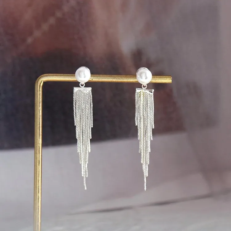 银针耳环流苏设计感耳饰女小众气质耳钉独特925高级新款珍珠