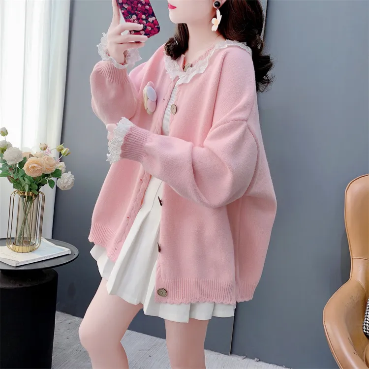 温柔风蕾丝拼接减龄毛衣外套女春季2025新款宽松慵懒洋气针织开衫