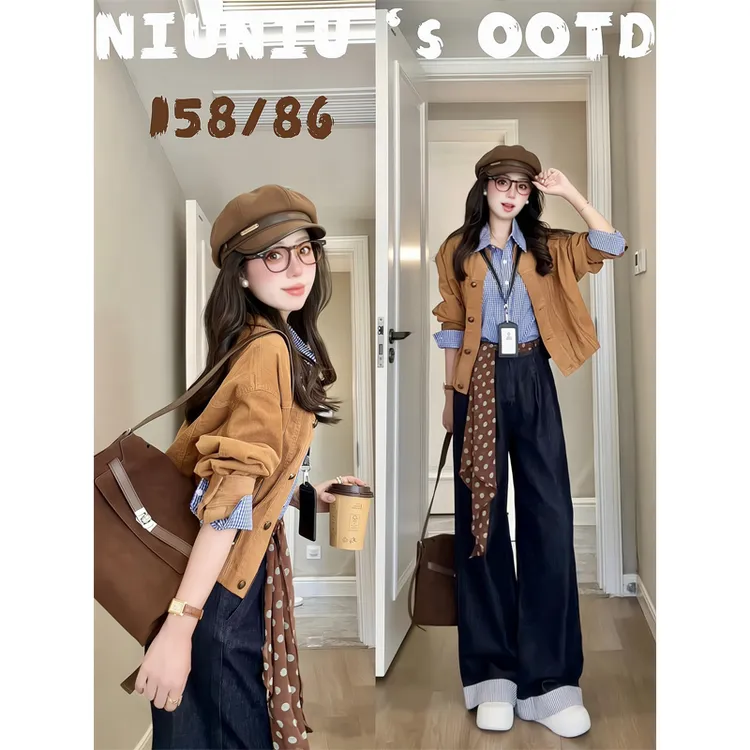 美式复古灯芯绒翻领外套夹克上衣格纹长袖衬衫衬衣直筒宽松阔腿裤