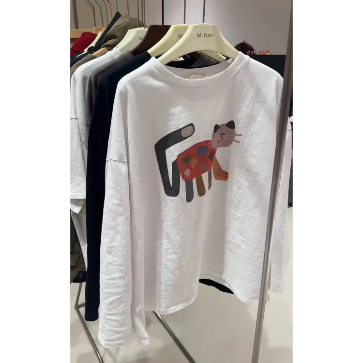 2025秋冬新款慵懒风猫印花长袖可爱卡通T恤宽松时尚圆领长袖上衣