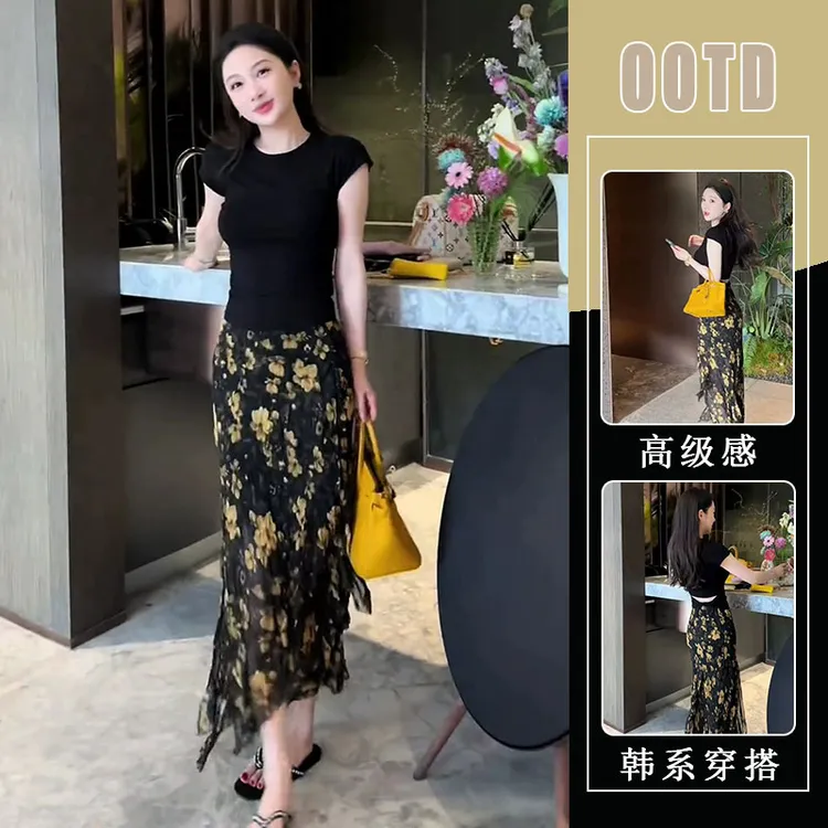 纯欲风高级感套装时尚气质露腰短袖上衣高腰碎花半身裙夏季两件套