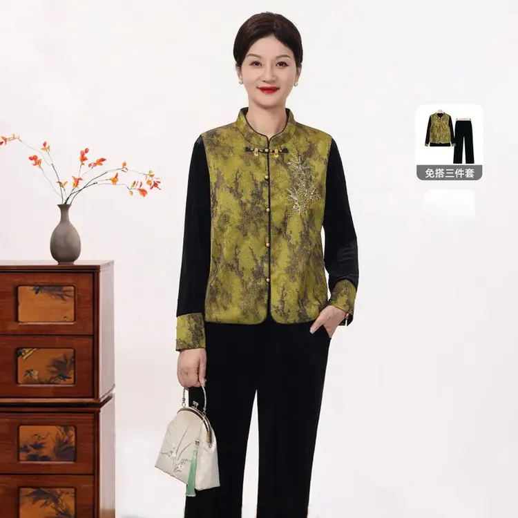 新款国风妈妈套装丝绒三件套女装2025春秋季马甲宽松马夹外套秋装
