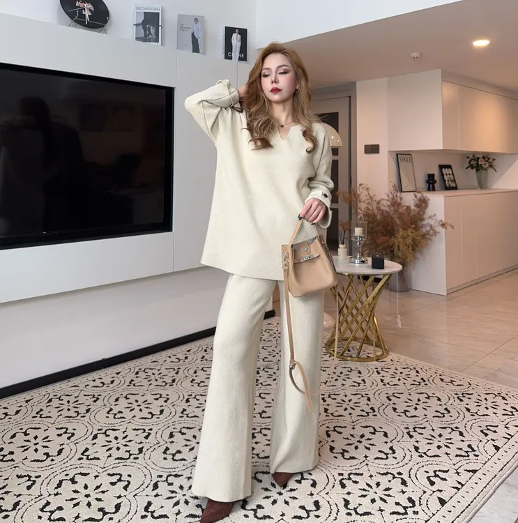 2025秋冬V领毛衣套头衫阔腿裤宽松显瘦两件套1338