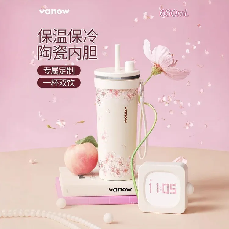 vanow樱色雪吸管保温杯女大容量车载陶瓷内胆咖啡随行冰霸水杯子
