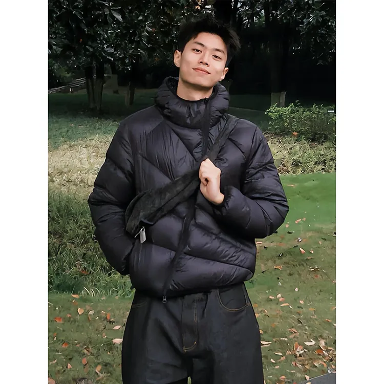 黑色美式排骨棉服男款冬季斜拉链解构轻薄连帽设计感防寒保暖外套