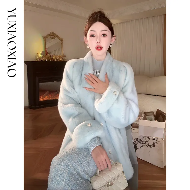 余潇潇【静蓝物语】中古典雅天鹅绒水貂皮毛桑蚕丝内里V领皮草外套