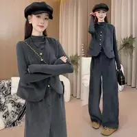【三件套】【有里布】时尚套装女半高领打底衫马甲阔腿裤套装TX0163
