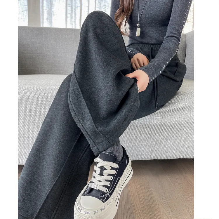 高端醋酸羊毛阔腿裤女秋冬高腰垂感直筒裤宽松窄版显瘦毛呢休闲裤