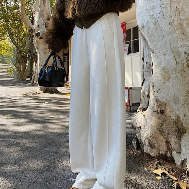 白色香蕉裤女秋冬窄版慵懒阔腿裤休闲羊毛呢镰刀裤垂感直筒弯刀裤