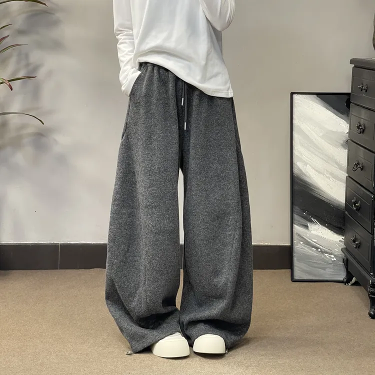59961冬季加绒加厚阔腿卫裤休闲裤慵懒风宽松潮流韩版复古百搭款.