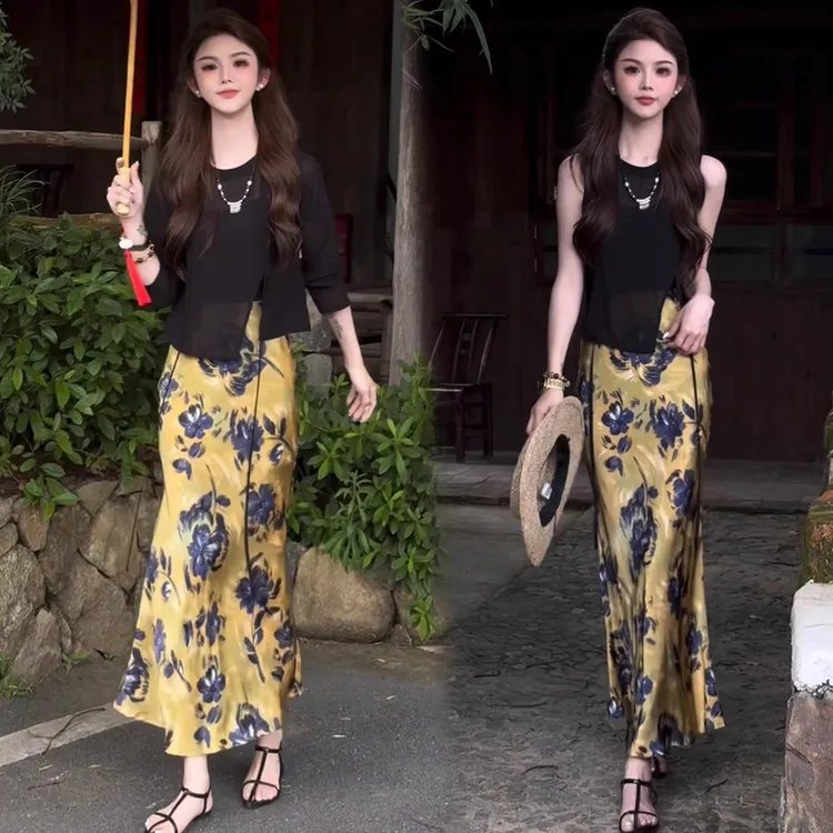 时尚套装裙女2025夏季新款洋气显瘦无袖马甲国风印花半身裙两件套